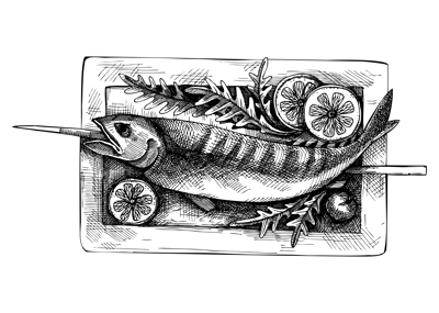 Grilled fish on a stick vintage drawing. German food sketch. Oktoberfest menu design. Hand-drawn food illustration for Octoberfest. Traditional German festival cuisine meal. Grilled fish